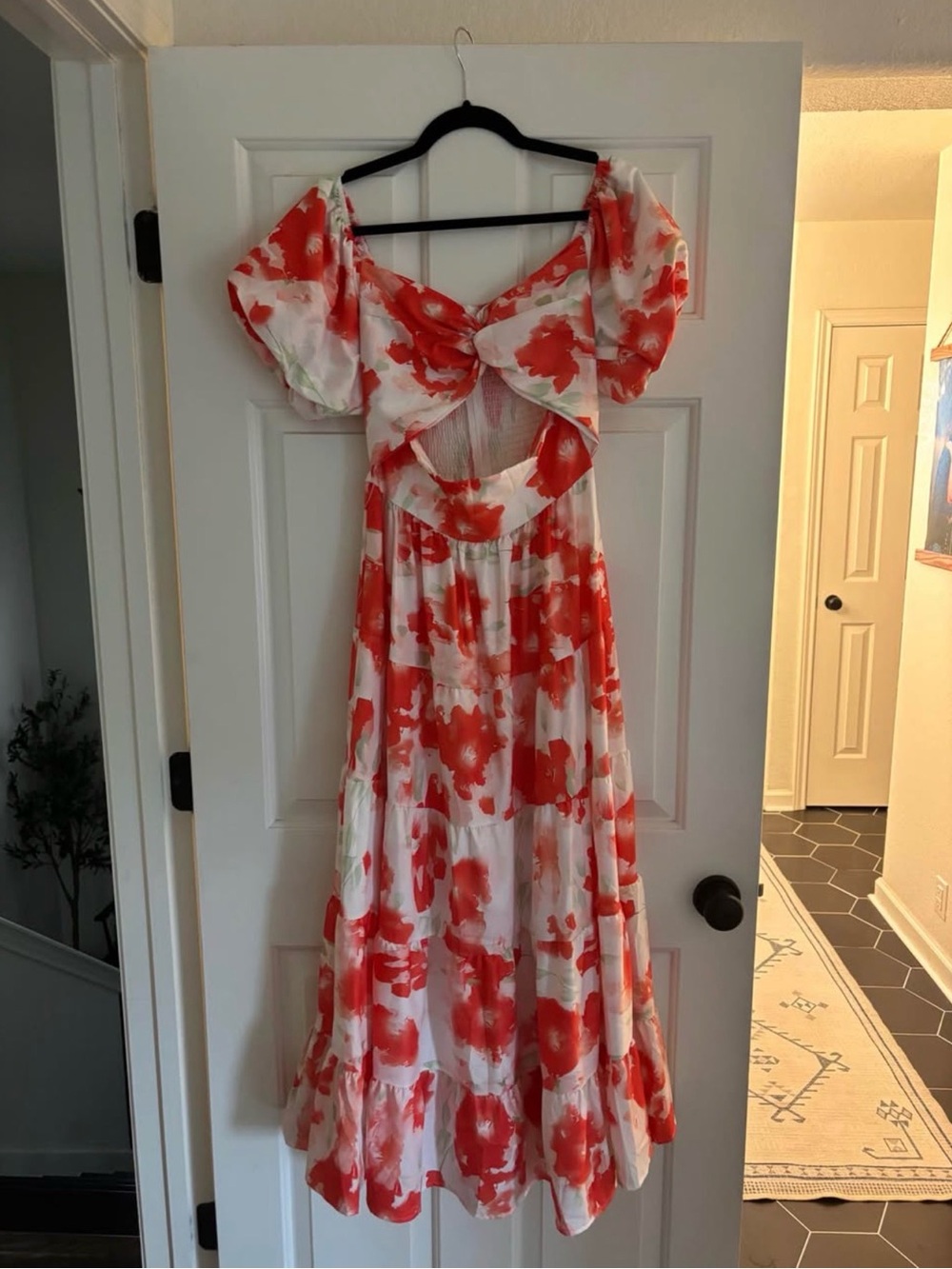Red and White Floral Cutout Maxi Dress